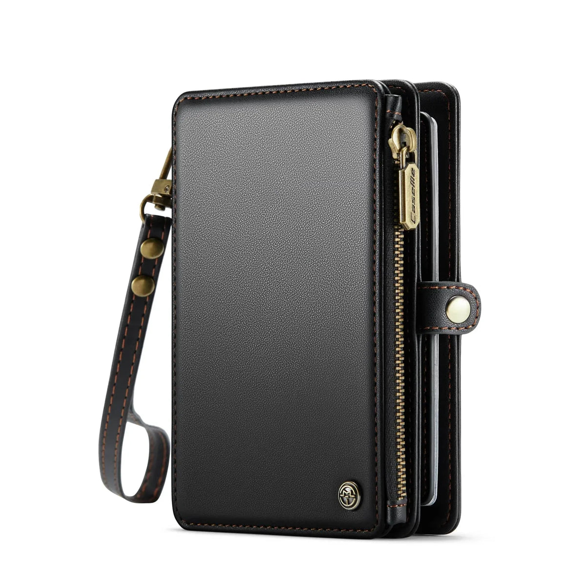 Cartera de pasaporte de cuero negro con cierre dorado y correa marrón.