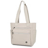 A beige canvas tote bag with two zippered pockets and padded handles.