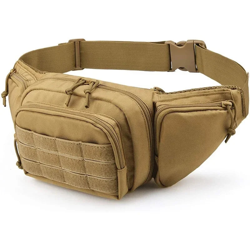 Tan multi-compartment waist pack with adjustable straps and multiple pockets for outdoor use