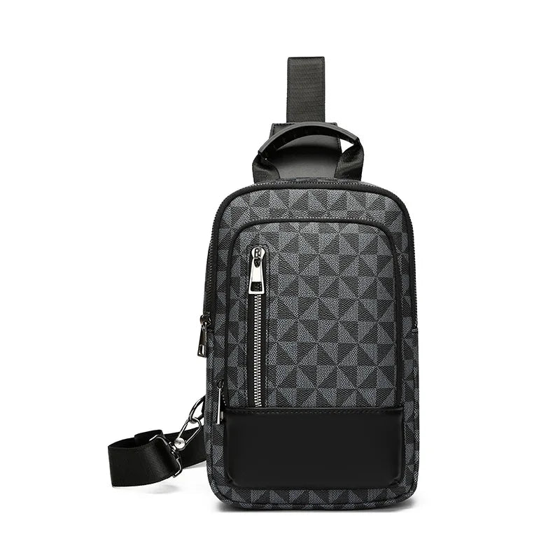 Black men's geometric pattern crossbody bag with a black strap