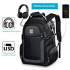 Black durable men's laptop backpack featuring headphone and USB charging ports.