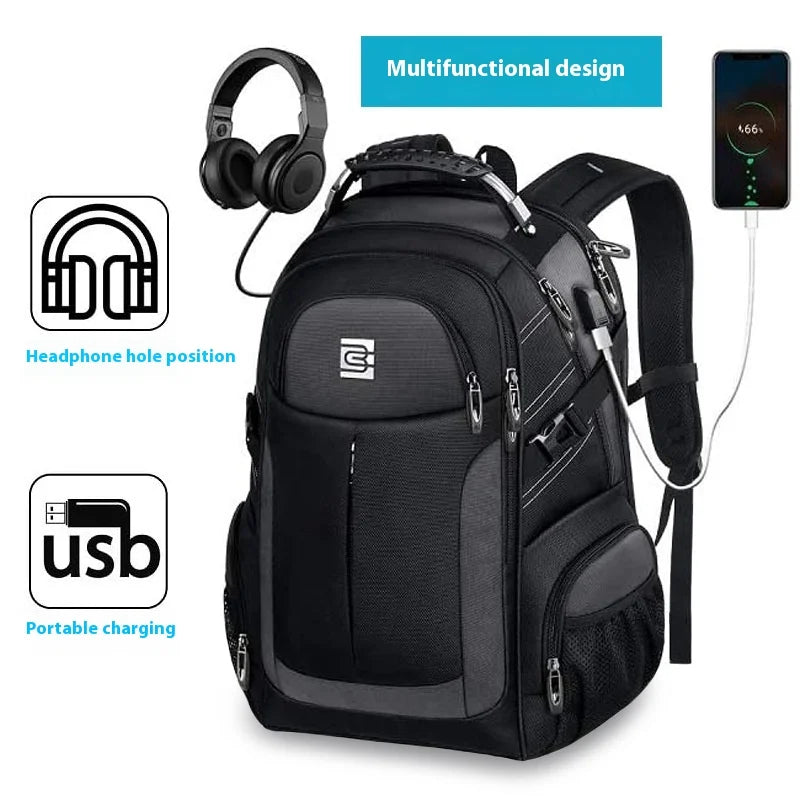 Black durable men's laptop backpack featuring headphone and USB charging ports.