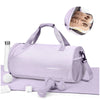 A lavender waterproof travel duffel bag with a shoe compartment and various weights shown on a surface.