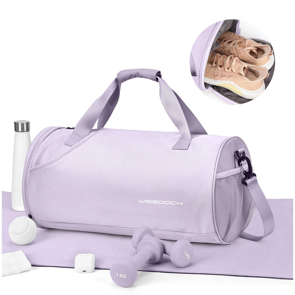 A lavender waterproof travel duffel bag with a shoe compartment and various weights shown on a surface.