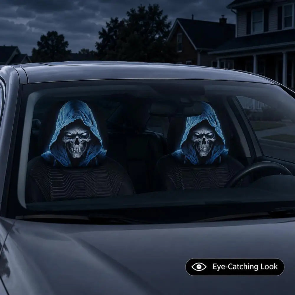 Two people wearing gothic skull headrest covers with a blue glow design inside a car.