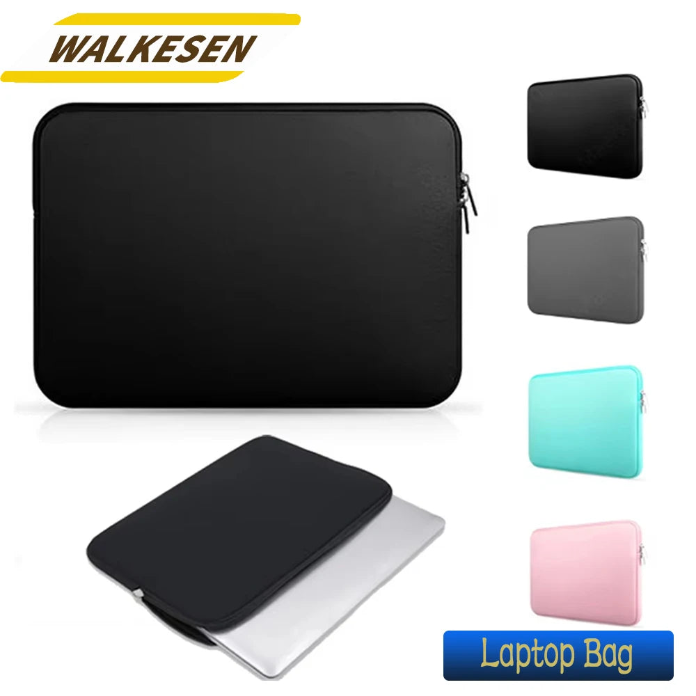 A black laptop bag or sleeve shown in various colors, including black, gray, and mint green, displayed next to a laptop.