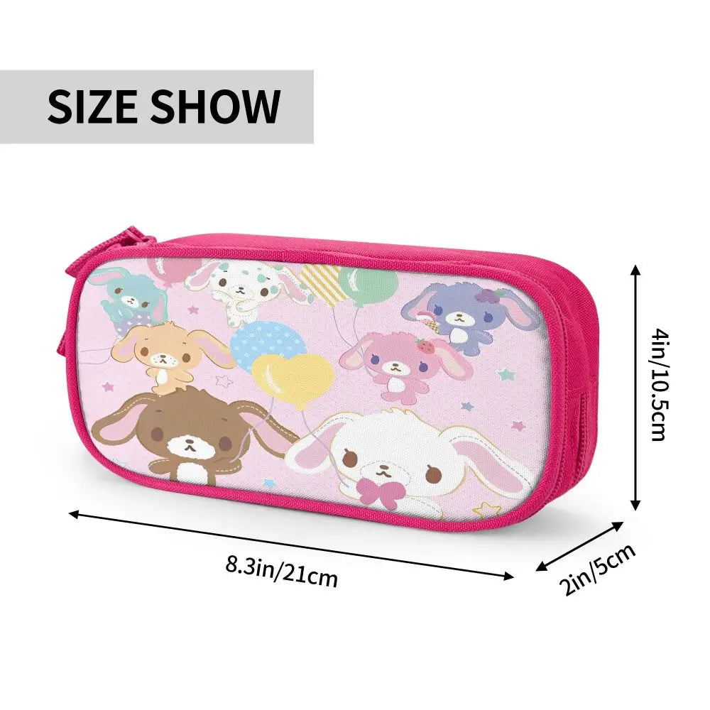 Pink fabric pencil case featuring cute animal designs like dogs and bunnies.