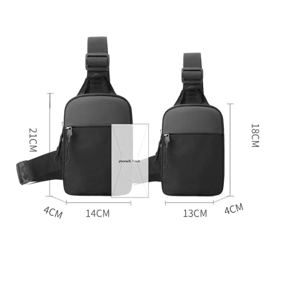 Black canvas crossbody sling bag with adjustable strap and pocket details.