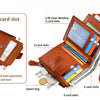 A brown vintage leather wallet showing external card slots, clear window, and cash slots.