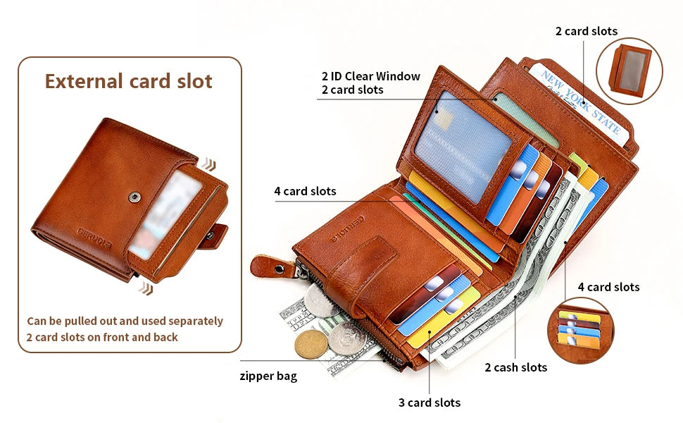 A brown vintage leather wallet showing external card slots, clear window, and cash slots.