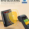 A black RFID blocking wallet is shown next to a smartphone, highlighting its security features.