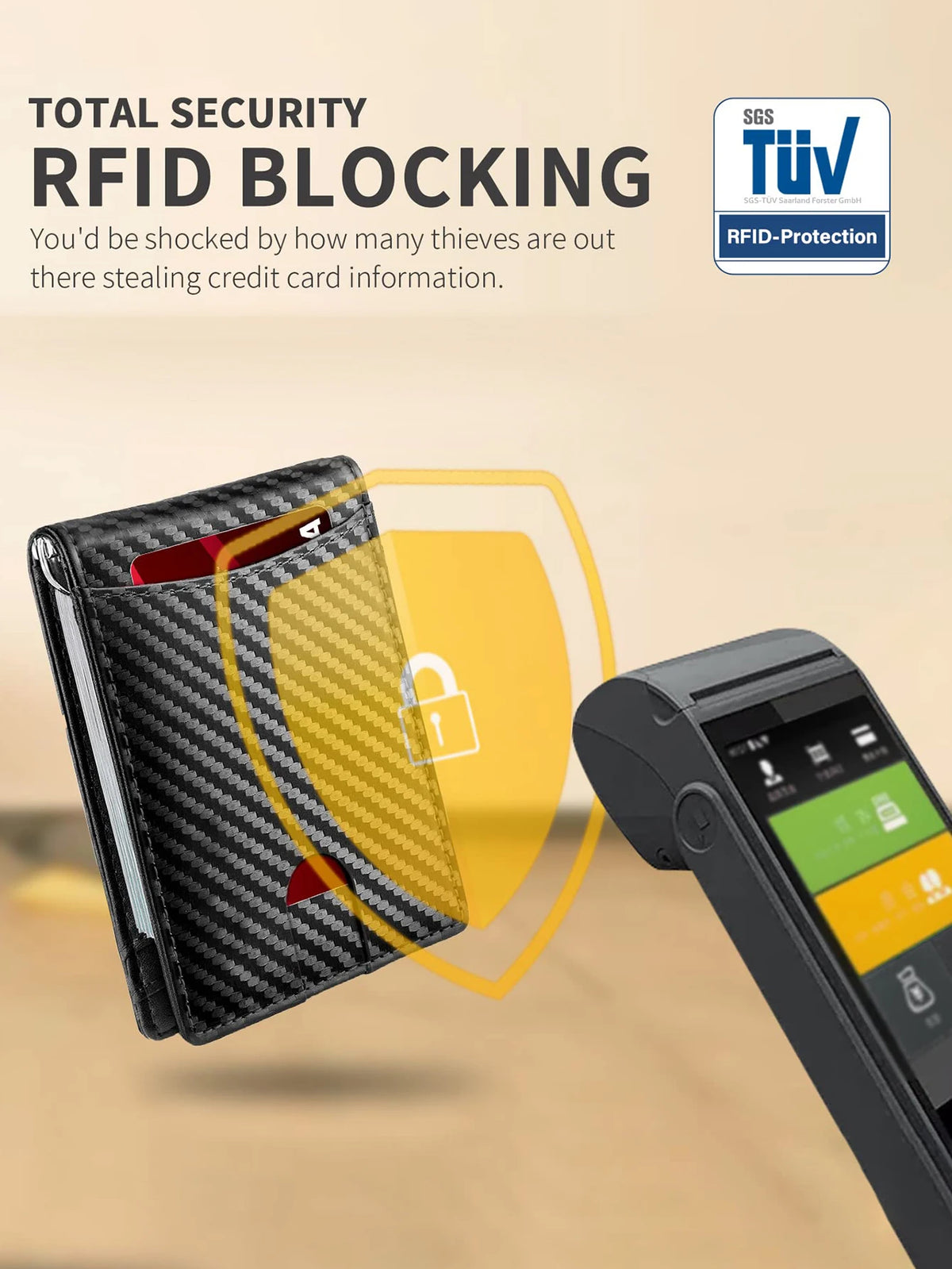 A black RFID blocking wallet is shown next to a smartphone, highlighting its security features.