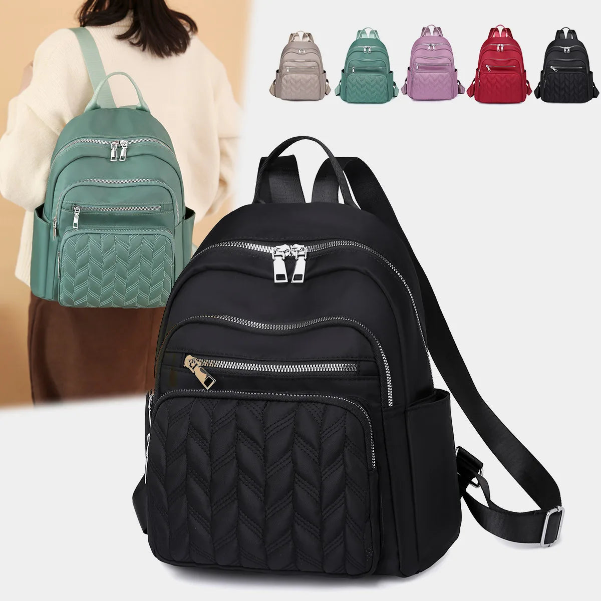 A black quilted waterproof women's travel backpack displayed next to several colored backpacks.