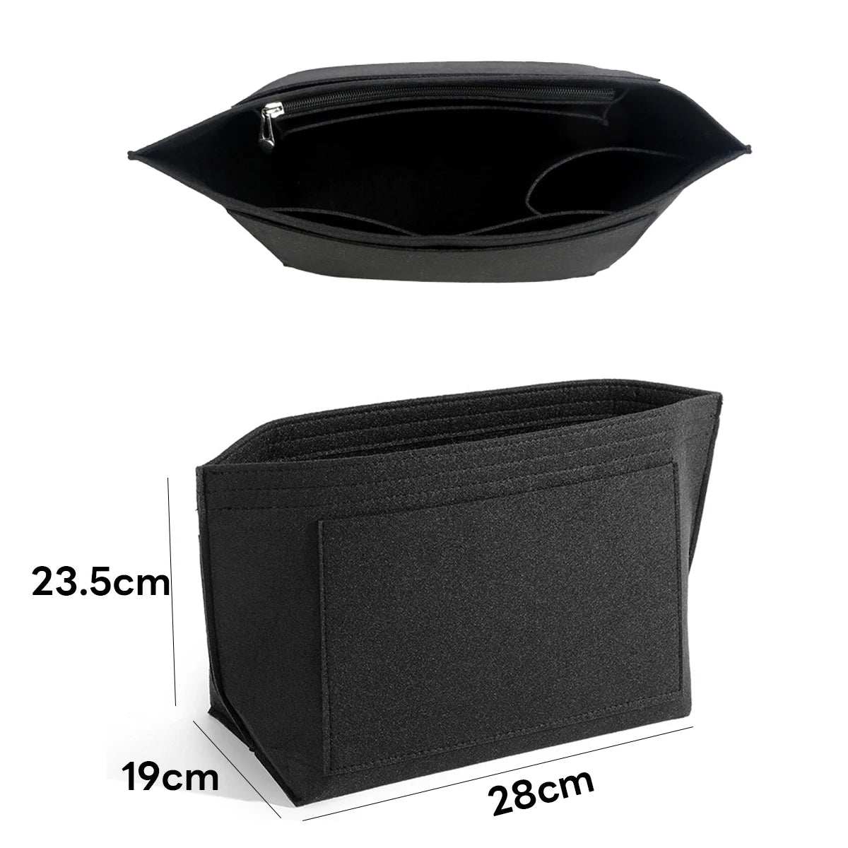 Black felt organizer insert for handbags shown in a flat lay view with dimensions.
