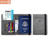 A gray PU leather passport holder with an RFID blocking feature displaying various documents and a passport.