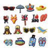 A collection of decorative shoe charms and pins featuring various shapes, colors, and themes like watermelon slices, hearts, 