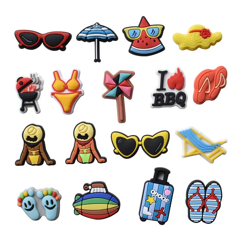 A collection of decorative shoe charms and pins featuring various shapes, colors, and themes like watermelon slices, hearts, 