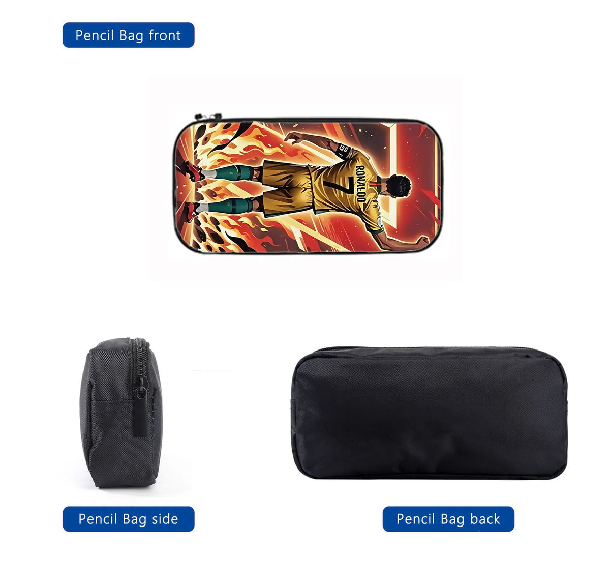 A set of three pencil bags shown from the front, side, and back views.