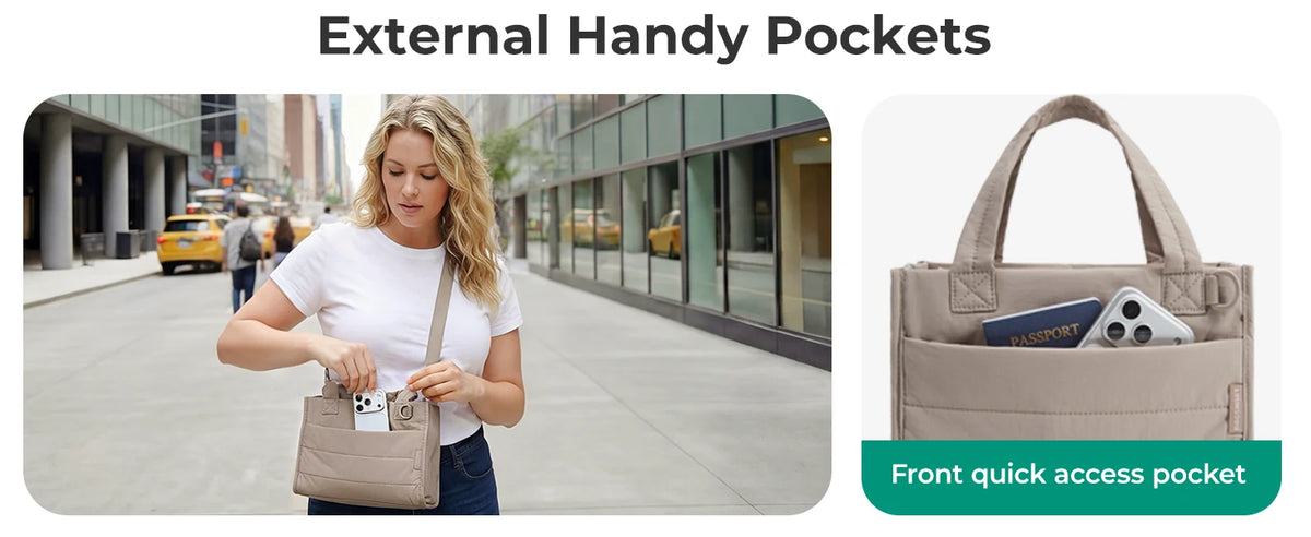 Eine Frau hält eine externe Handtasche mit Schnellzugriffstasche in einer Stadtansicht.