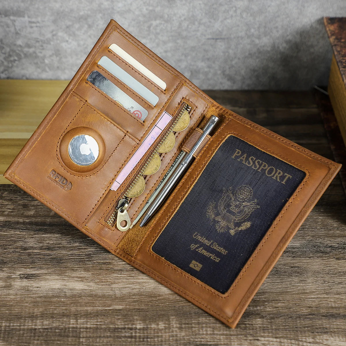 A brown genuine leather passport card holder displaying various cards and a passport document.
