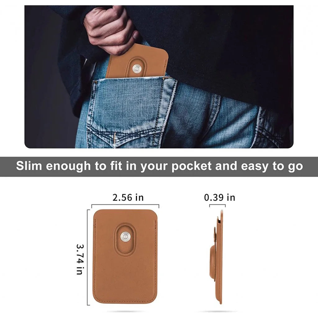 Brown MagSafe card wallet with a built-in pocket for an AirTag, shown next to an iPhone.