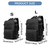 Black expandable vacuum compression travel backpack shown in small (S) and large (L) sizes.
