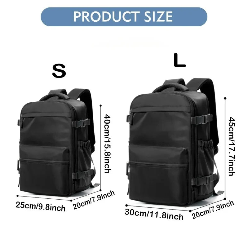 Black expandable vacuum compression travel backpack shown in small (S) and large (L) sizes.