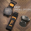 A black Garmin watch with an orange strap is shown next to the strap and a close-up of the strap installation.