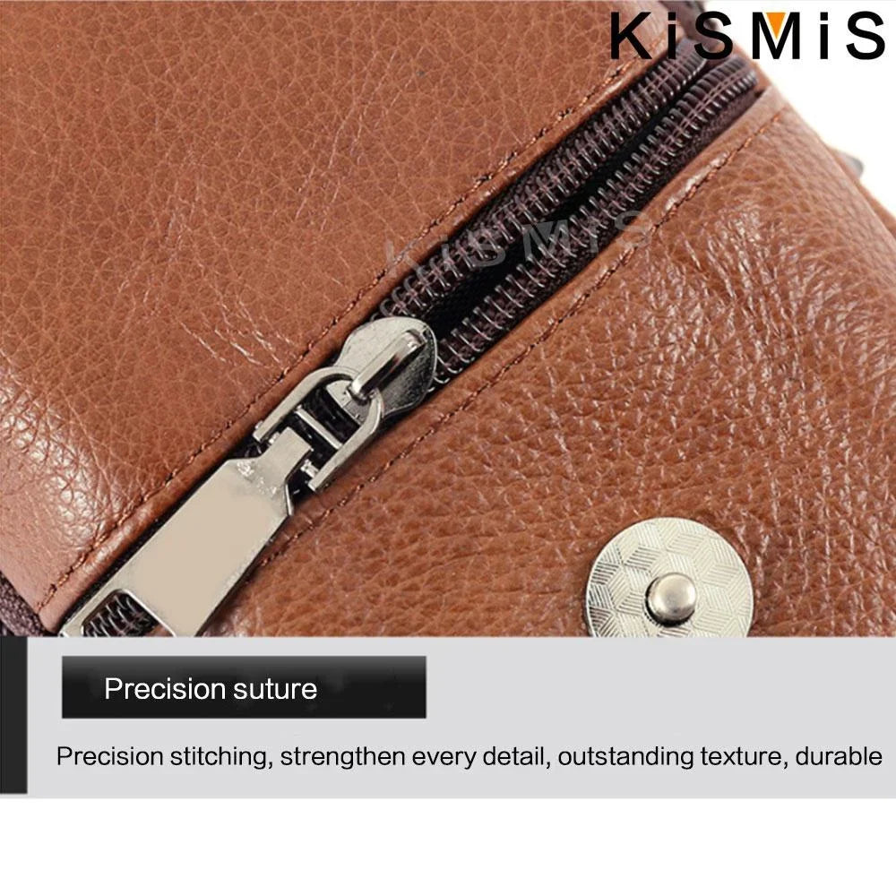 Close-up of a brown leather bag featuring a silver zipper and belt clip detail.