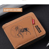 A brown leather card clip wallet in earthy ochre color with a silhouette of a horse embossed on the cover.