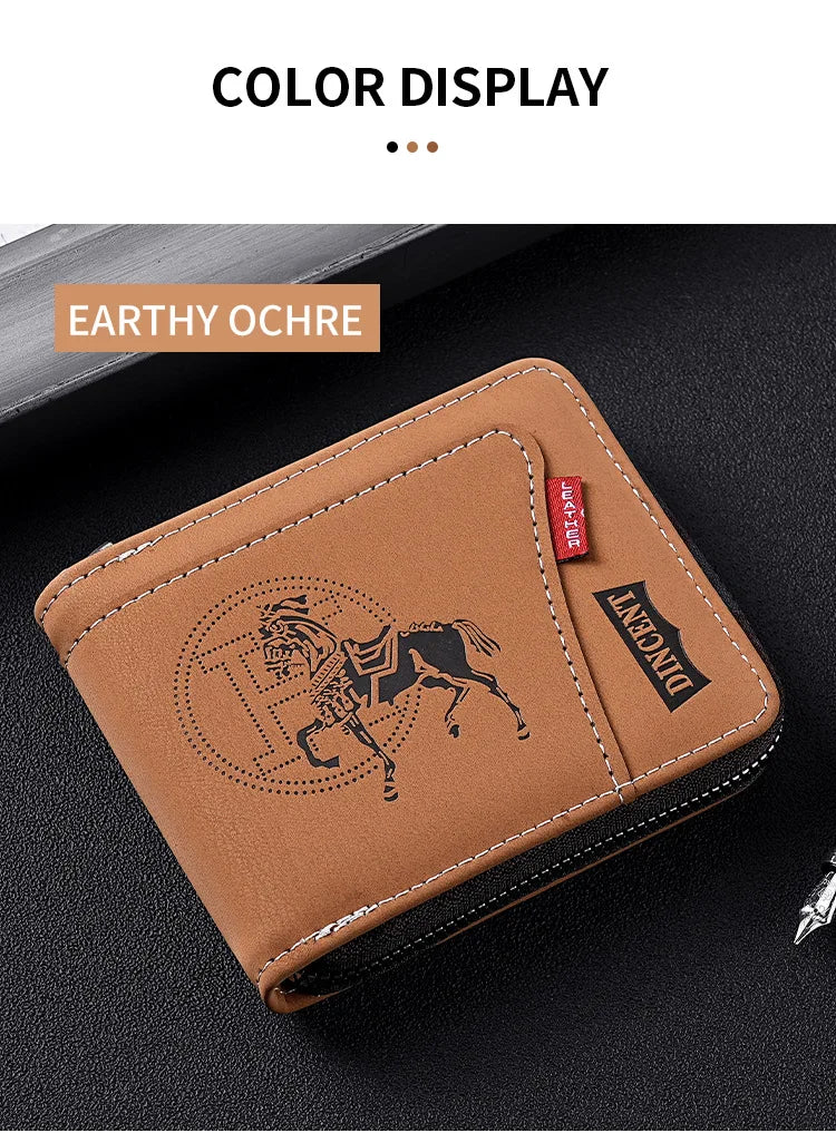 A brown leather card clip wallet in earthy ochre color with a silhouette of a horse embossed on the cover.