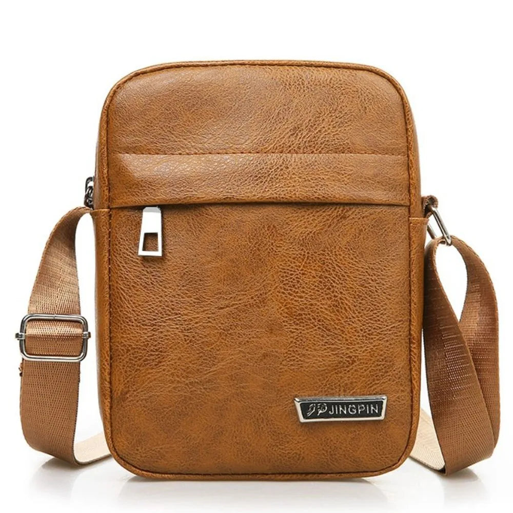 A brown waterproof PU leather sling bag with a flap closure and adjustable strap is shown.