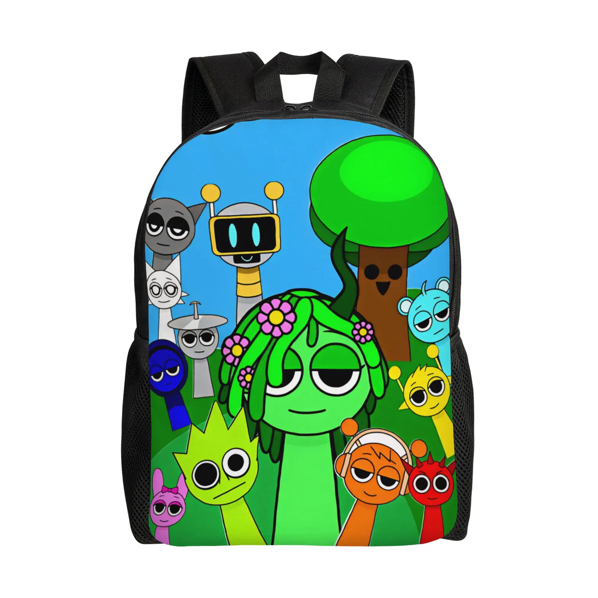 A green backpack featuring various Sprunkis characters, including a large tree and several small figures.