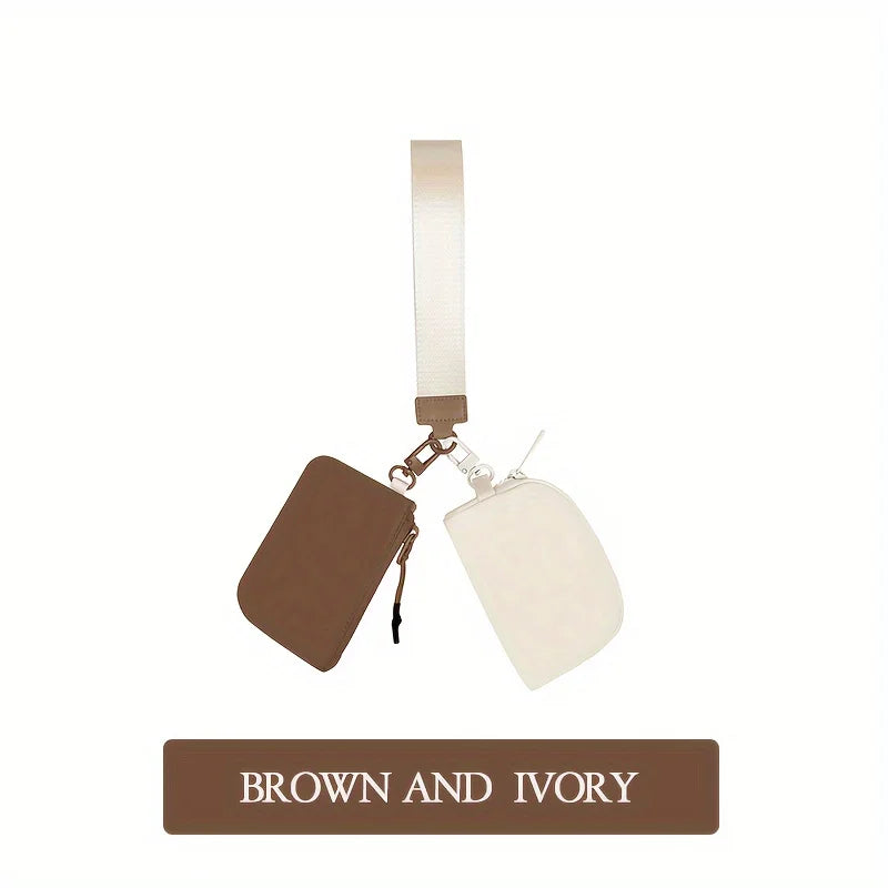 Brown and ivory elegant PU wristlet key card wallet.