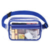 A clear blue waist pack with an adjustable strap containing various small items like a phone and cards.