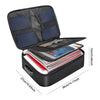 A black fireproof multi-layer document organizer box with a lid open, showing organized papers inside.