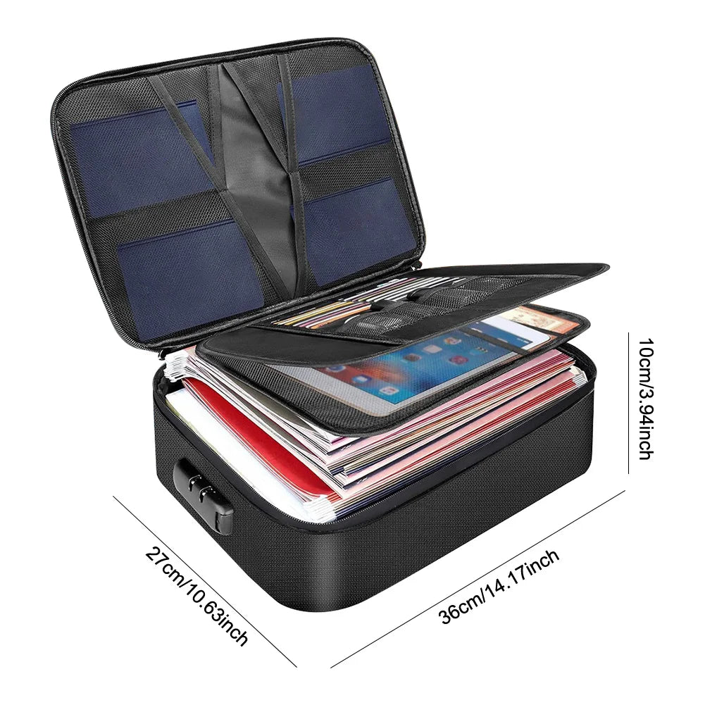A black fireproof multi-layer document organizer box with a lid open, showing organized papers inside.