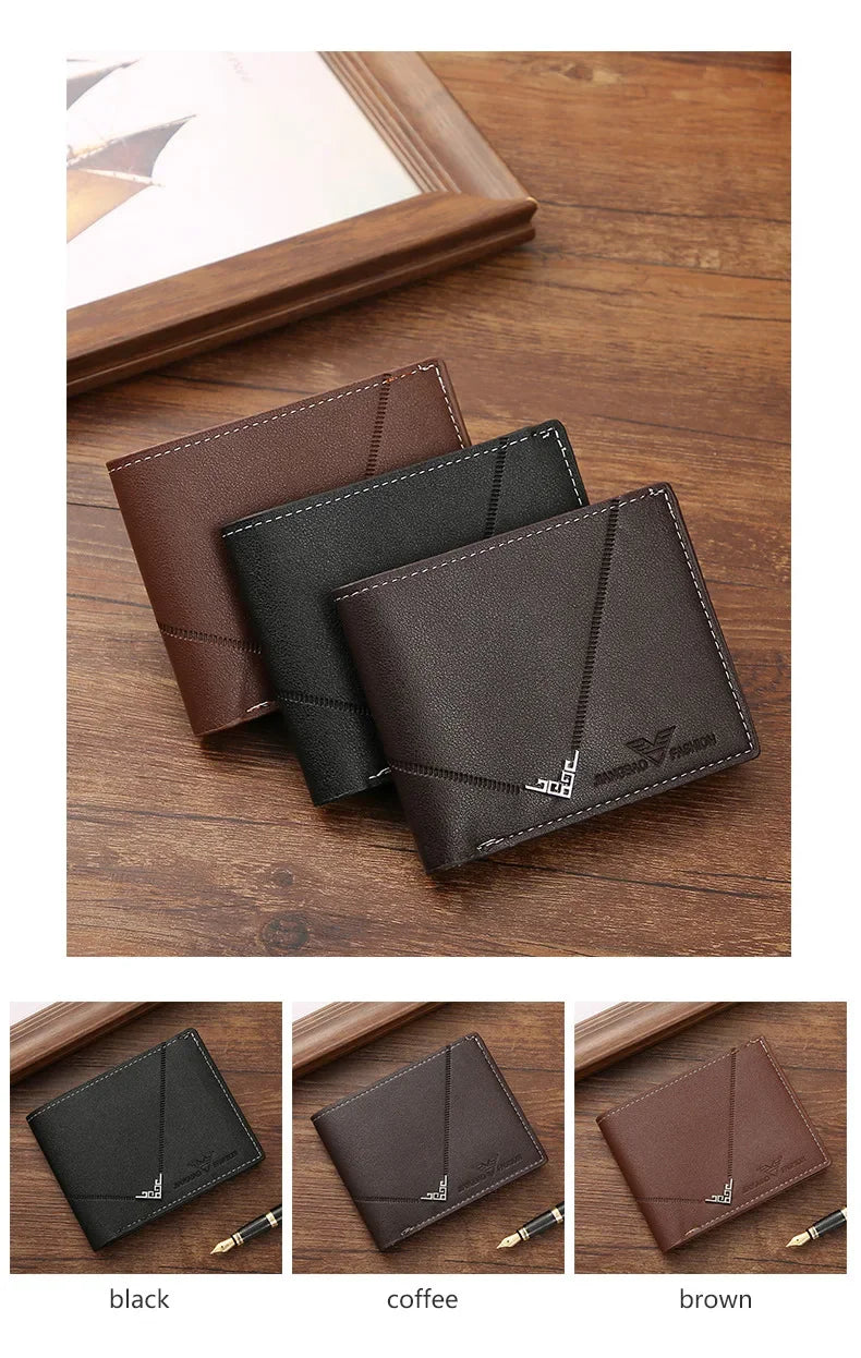 A set of men's slim leather bifold wallets in black, coffee, and brown colors displayed on a wooden surface.