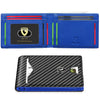 A blue leather card holder with a black geometric pattern and a gold logo.