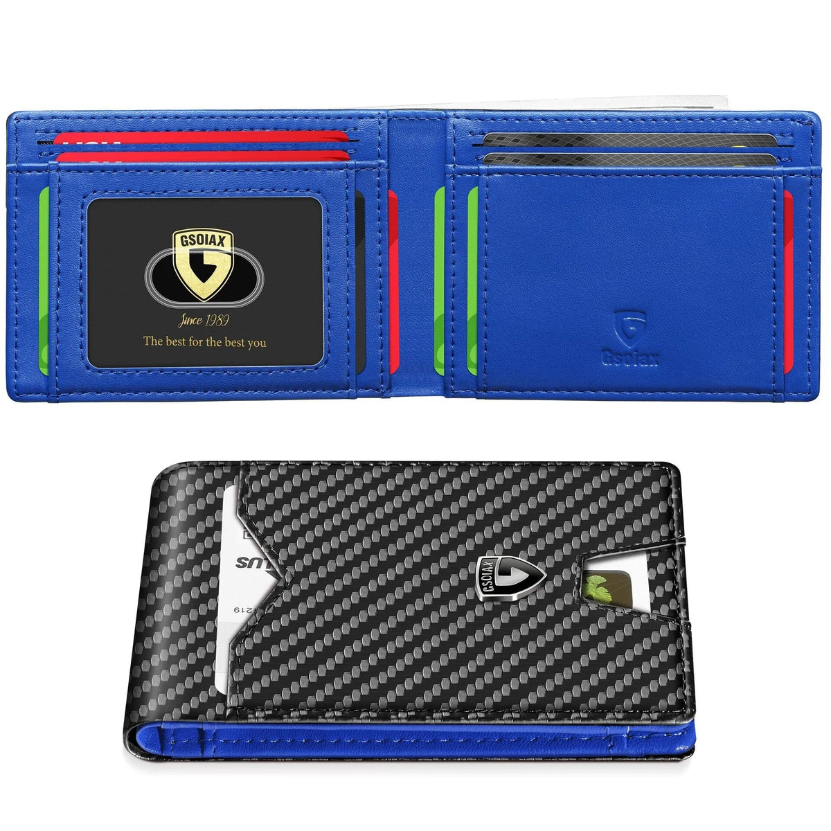 A blue leather card holder with a black geometric pattern and a gold logo.