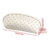 A cream-colored shell pencil case with a polka dot pattern, shown flat with dimensions.
