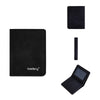 Black slim leather bi-fold wallet with a removable card slot and a separate leather sleeve.