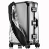 A silver waterproof luggage protector cover on a rolling suitcase.