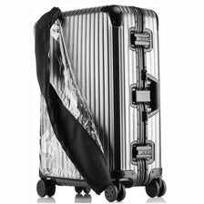 A silver waterproof luggage protector cover on a rolling suitcase.