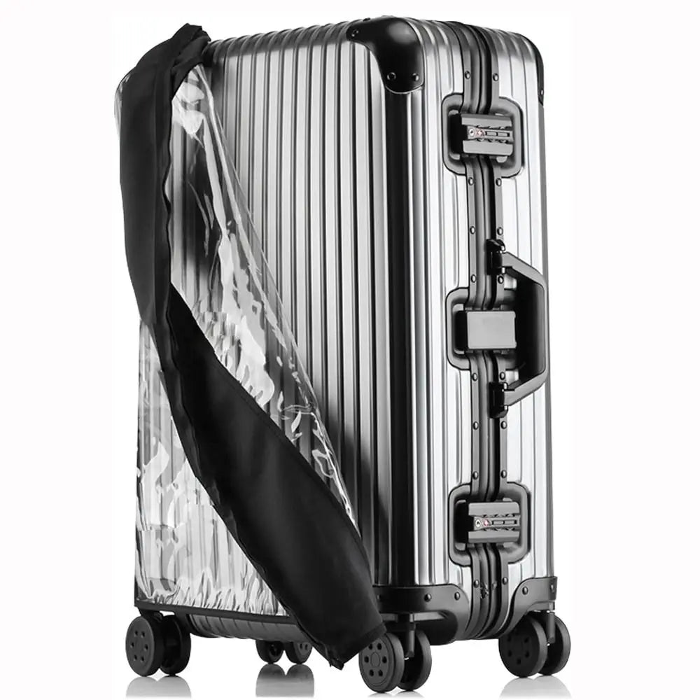A silver waterproof luggage protector cover on a rolling suitcase.