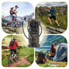 A reusable insulated water bladder hydration bottle is shown with various outdoor activities like hiking and camping.