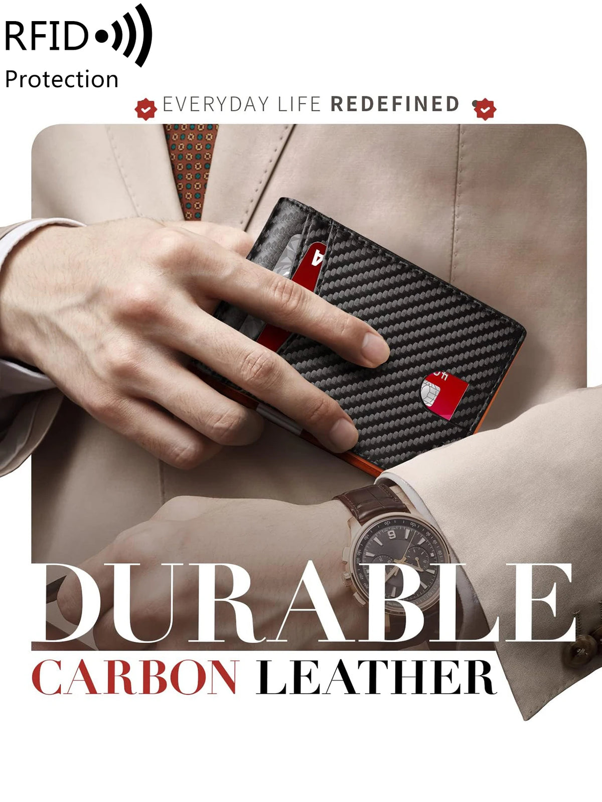 A hand holds a black carbon leather slim wallet against a light suit jacket, emphasizing durability and protection.