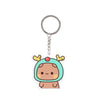 A cute cartoon character keychain charm featuring a brown face and green ears on a clear resin background.