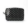 A black cosmetic storage bag with white polka dots, shown from the front.