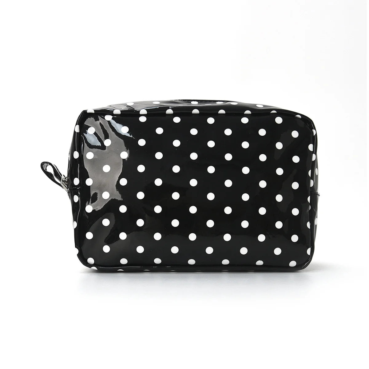 A black cosmetic storage bag with white polka dots, shown from the front.